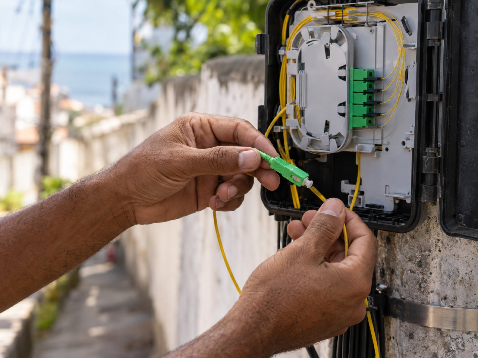 Técnico da Vooa trabalhando em caixa de fibra óptica